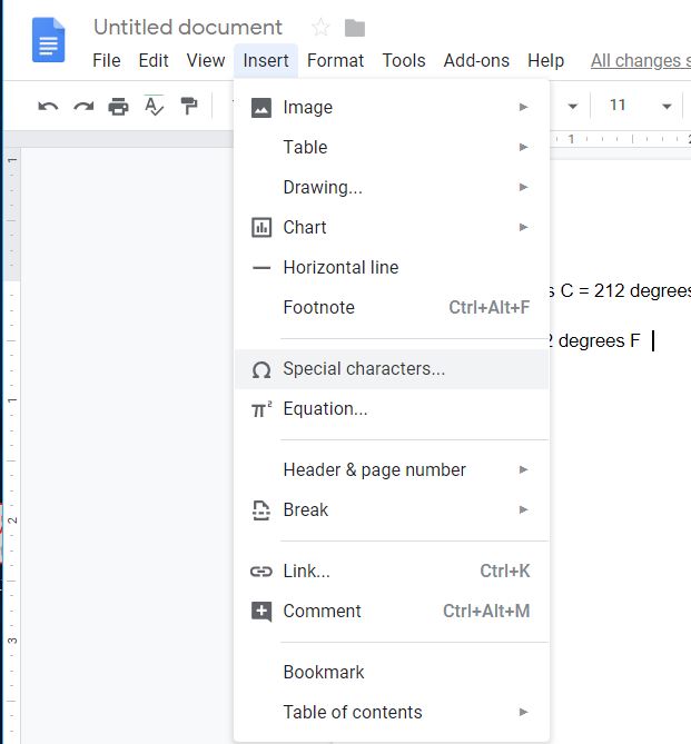 How do you insert the degree symbol in Google Docs?